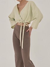 billige Skjorter-Dame Linskjorte Bluse عادي Fritid Langermet V-hals Crop Tops Daglig Ut på byen knyte foran Hvit Gul Brun Sommer