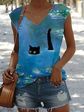 billiga Grafisk butik Tank tops &amp; Camis-Dam Skjorta Blus Löv Katt Vintage Tropisk Stylish Ärmlös Axelband Vanliga toppar Dagligen Mönster Gul Ljusgrön Blå Orange Grön Sommar Vår