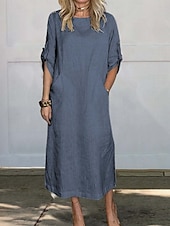 economico Camicie-Maxi abito da donna abito a linea abito estivo in lino casual quotidiano vestibilità regolare grafico semplice maniche 3/4 collo rotondo nero bianco rosso blu estate