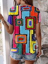 cheap Stripe&amp;Geometric tee-Women&#039;s T Shirt Graphic Geometric Stylish Casual Short Sleeve V Neck Regular Tops Daily Print Rainbow Summer Spring