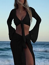 abordables Robes de plage-Maillots de bain pour femmes jupe de couverture 2 pièces maillot de bain découpé vacances plage vêtements couleur unie à col rond manches longues maillots de bain