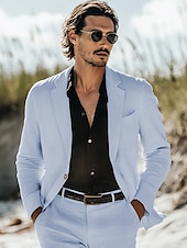 cheap Beach Suits-Men&#039;s Casual Summer Wedding Linen Suits Sky Blue Sage Daily Lightweight Solid Colored Standard Fit 2 Piece Single Breasted One-button