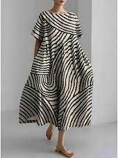 cheap Floral Dress-Women&#039;s Maxi Dress Sundress A Line Dress Summer Dress Vacation Casual Beach Daily Holiday Going out Loose Fit Graphic Geometric Linen Like Short Sleeve Crew Neck Boat Neck Dark Brown Light Brown
