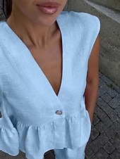 abordables Ensembles chemisiers pour femmes-Femmes Actif Mode Ensembles en coton et lin Chemisier Gilet Sans manches Col en V Couleur Unie Dubbele Rij Knopen Date Décontracté Quotidien Noir Rose Claire Bleu clair Été Coupe régulière