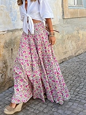 cheap Graphic Skirts-Women&#039;s Skirt Maxi Skirt A Line Swing Bohemia Casual Maxi High Waist Skirts Floral Pocket Print Micro-elastic Street Daily Pink Fuchsia Summer Polyester Cotton Blend