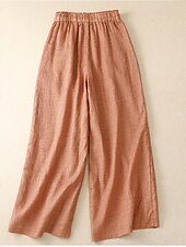 baratos Calça de linho de algodão simples-Mulheres Calças de linho de algodão Calças Roupa de rua Casual Comprimento total Natural Flor Estampado Design de cordão elástico Confortável Exterior Rua Final de semana Laranja Avermelhado Cinzento
