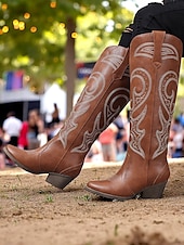 ieftine Cizme Cowboy &amp; Western-cizme de cowboy occidentale de damă cu design brodat – cizme elegante maro cu toc bloc pentru festivaluri de muzică, îmbrăcăminte casual și evenimente în aer liber
