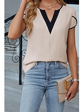 abordables Hauts Unis pour Femmes-Femmes Chemisier Bloc de Couleur Moderne Occasionnel Manche Courte Col en V Hauts Réguliers Fête Sortir Patchwork Noir Blanche Vert Abricot Été