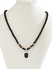 cheap Men&#039;s Jewelry-Men&#039;s Black Onyx Beaded Necklace with Tiger Eye Accents and Silver Pendant – Stylish Gift for Casual and Formal Occasions