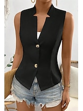 billige Enkel tank topp-Dame linskjorte Bluse Bomull lin vest عادي Fritid Ermeløs V-hals Vanlige topper Daglig Ut på byen Knapper Svart Hvit Champagne Sommer