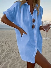 cheap Shirts-Women&#039;s Shirt Boho Shirt Linen-Inspired Shirts Button Up Plain Casual Beach Short Sleeve Shirt Collar Regular Tops Black White Yellow Pink Sky Blue Summer