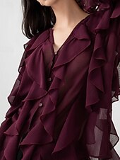 abordables Hauts sexy pour femmes-Femmes Chemise Chemisier Uni Élégant Moderne manche longue Col en V Hauts Réguliers Fête Sortir Superposé Vin Été