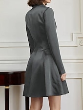 abordables Longitud del té-Vestido de la Madre de la Novia A-Line Vestido Tuxedo Vestido de Invitada de Boda Elegante Simple Lujoso Blazer Cuello con Solapas Largo hasta la Rodilla Satén Manga Larga con Pliegues y Bolsillos
