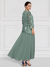 preiswerte Mit Jacke-Zweiteilig Kleid-Sets Brautmutterkleid Hochzeitsgast Kirche Elegant Rundhalsausschnitt Knöchellänge Chiffon Langarm mit Spitze Stickerei 2025