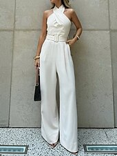 cheap Sets-Women&#039;s Normal Two Piece Sets Streetwear Solid Color Sleeveless Straight Halter Neck Pocket Street Daily Regular Fit White Summer
