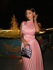 cheap PINK-Pink A-Line Evening Gown Elegant Dress Formal Floor Length Sleeveless Halter Neck Pocket Satin with Ruched