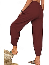 baratos Calça de linho de algodão simples-Mulheres Calças de linho de algodão Calças Roupa de rua Casual Comprimento total Natural Tecido Bolsos Cintura elástica Confortável Para Noite Final de semana Vinho Cinzento Preto Branco Verão Normal