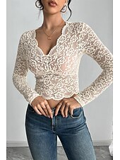 preiswerte Spitzenoberteile-Damen Bluse Spitzentops Einfach Modern Langarm V Ausschnitt Crop Tops Täglich Ferien Ausgehen Spitze Beige Sommer