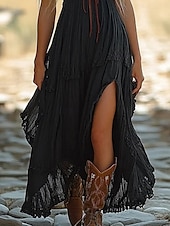abordables Robes Bohémiennes-Femmes Robe Midi Robe Décontractée Robe d&#039;été Robe bohème Robe occidentale ancien Vacances Quotidien Sortir Coupe régulière Fleuri Sans manches Col en V Noir Été