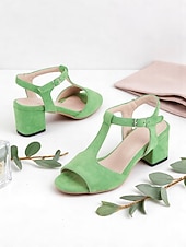 billiga Klacksandaler-gröna chunky klacksandaler för kvinnor – retro t-rem med öppen tå i fuskmocka för sommararbetskläder och avslappnad streetstyle