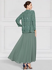 cheap With Jacket-Blue Green Two Piece A-Line Mother of the Bride Dress Beaded Elegant Vintage Simple Crew Neck Ankle Length Lace Long Sleeve with Lace Embroidery
