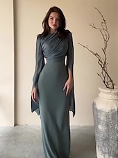 olcso Estélyi ruhák-Sellő  Trumpet Quinceanera Ruhák Elegáns Ruha Formális Esküvő Padló Hosszú Ujjú Crew Nyak Bársonyos Ráncokkal