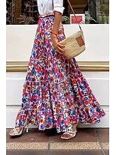 cheap Graphic Skirts-Women&#039;s Skirt Bohemia Fashion Boho Maxi Mid Rise Skirts Floral Print Micro-elastic Vacation Street Fuchsia Summer Polyester