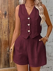cheap Women&#039;s Blouse Suits-Women&#039;s Active Blouse Vest Shorts Sets Sleeveless V Neck Solid Color Dubbele Rij Knopen Holiday Casual Daily Black Wine Army Green Summer Regular Fit