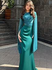 olcso Estélyi ruhák-Sellő  Trumpet Quinceanera Ruhák Elegáns Ruha Formális Esküvő Padló Hosszú Ujjú Crew Nyak Bársonyos Ráncokkal