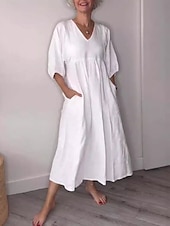 cheap Design Cotton &amp; Linen Dresses-Women&#039;s Maxi Dress A Line Dress Linen Summer Dress Casual Daily Regular Fit Graphic 3/4 Length Sleeve V Neck Black White Blue Gray Summer