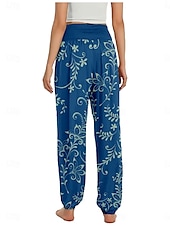 billiga Grafisk linnebyxa i bomull-Dam Linneinspirerade byxor Brett skaft Byxor Etnisk Stil Ledigt Boho Fullängd Hög midja Blommig Ficka Elastisk midja Tryck Mateial som andas Mjuk Microelastisk Utomhus Yoga Svart Rosa Marinblå Blå