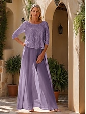 cheap Mom&#039;s Pant Suits-Two Piece Jumpsuit / Pantsuit Mother of the Bride Dress Elegant Simple Minimalist Crew Neck Floor Length Chiffon Half Sleeve with Lace