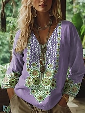 tanie Damskie topy boho-Damskie Bluzka Kwiaty Graficzny W Tureckie Wzory Bohema Zabytkowe Tropikalny Rękaw 3/4 W serek Zwykłe topy Z marszczeniami Haft Nadruk Niebieski Fioletowy Zielony Khaki Lato Wiosna