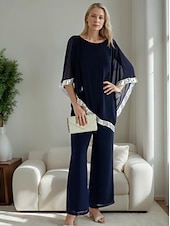 levne Máminy kalhotové kostýmy-Dvoudílné Kalhoty Šaty pro matku nevěsty Elegantní Jednoduchý Minimalistické Tričkový Po kotníky Šifón Poloviční rukáv s Sklady Flitry 2025