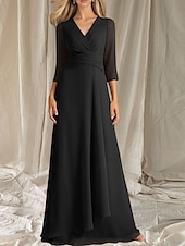 cheap Floor Length-A-Line Mother of the Bride Dress Wedding Guest Elegant V Neck Floor Length Chiffon 3/4 Length Sleeve with Tier Ruching 2025