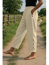 economico Pantaloni in lino e cotone semplici-Per donna Pantaloni in cotone e lino Essenziale Lunghezza intera Vita Alta Semplice Tasca Elastico in vita Foro Comodo All&#039;aperto Confortevole Streetwear Abbigliamento quotidiano Uscire Bianco Blu