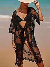 preiswerte Strand Tops-Damen Badeanzug Überwurf Bademode Spitze Patchwork Tropisch Strandbekleidung Einfarbig V-förmiger Draht-Ausschnitt Kurze Ärmel Badeanzüge