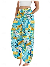 economico Pantaloni in cotone e lino con grafica-Per donna Pantaloni ispirati al lino Gamba larga Pantaloni Stile Etnico Casual Boho Lunghezza intera Vita Alta Floreale Foglia Tropicale Tasca Elastico in vita Stampa Traspirabilità Morbido