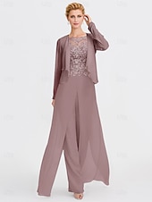 abordables Combinaisons pour maman-Ensemble jumpsuit  pantalon en deux pièces de mariage à la plage mère de la mariée invitée de mariage formelle élégante wrap inclus col bateau longueur sol chiffon manches 3/4 avec appliques 2025