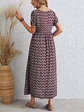 tanie Sukienka w paski i geometryczna-Damskie Sukienka maxi Sukienka A line Letnie sukienki Codzienny Codzienny Regularny Graficzny Geometryczny Krótki rękaw W serek Czarny Wino Czerwony Zielony Lato