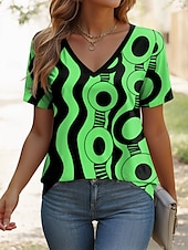 cheap Boho tee-Women&#039;s T Shirt Graphic Geometric Vintage Stylish Classic Short Sleeve V Neck Regular Tops Daily Weekend Print White Blue Purple Green Summer Spring