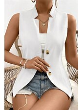 billige Enkel tank topp-Dame linskjorte Bluse Bomull lin vest عادي Fritid Ermeløs V-hals Vanlige topper Daglig Ut på byen Knapper Svart Hvit Champagne Sommer