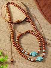 cheap Men&#039;s Jewelry-Men&#039;s Natural Wood Bead Turtle Necklace and Bracelet Set – Boho Beach Style Adjustable Jewelry for Summer Vacations and Casual Wear