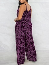 olcso Grafikus pamut vászonnadrág-Női Szabályos Jumpsuitek Utcai sikk Leopárd Ujjatlan U-alakú Zseb Utca Napi Normál Sárga Sötétkék Bíbor Nyár