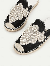 cheap Vacation Sandals-Women&#039;s Luxury Pearl Embellished Black Slide Sandals – Elegant Boho Summer Flats for Beach Weddings, Vacations, Festivals, and Resort Wear