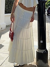 abordables Jupes unies-Jupe Femme Jupe Maxi A-Line Couleur Unie Mode Décontractée Maxi Taille Haute Jupes Unies Poche Impression Micro-Élastique Rue Quotidienne Noir Blanc Orange Vert Été Mélange Polyester Coton