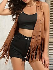 billige Boho topper-Dame Bluse عادي Moderne Fritid Ermeløs V-hals Vanlige topper Daglig Ferie Ut på byen Frynser Svart Brun Kakifarget Sommer