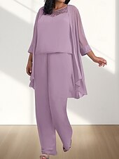 billige Gulvlengde-Jumpsuit  Buksedress 3 Delt Mor til bruden Kjole Bryllupsgjest Elegant Ledig Rund Utringning Gulvlengde Chiffon 3/4 Lengde Ermer med Perleapplikasjoner