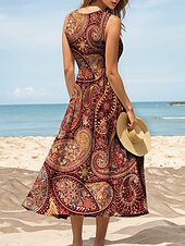 preiswerte Boho Kleider-Damen Midikleid Sommerkleid A Linie Kleid Schulterfreies Kleid Urlaub Lässig Normale Passform Grafik Paisley-Muster Boho Paisley Damast Ärmellos U-Ausschnitt Rundausschnitt Wein Blau Fuchsie Grün