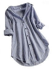 economico Vestiti-Per donna Mini Abito Abito in cotone e lino Classico Vacanza Quotidiano Uscire Vestibilità regolare A righe Manica Lunga Colletto a Camicia Nero Blu marino Blu Reale Estate